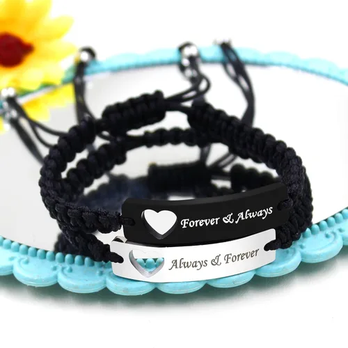 Vista 5 de Pulsera de pareja para hombres y mujeres, de acero inoxidable blanco y negro, grabada, joyería de amor para esposa, marido, 2 pulseras tejidas a