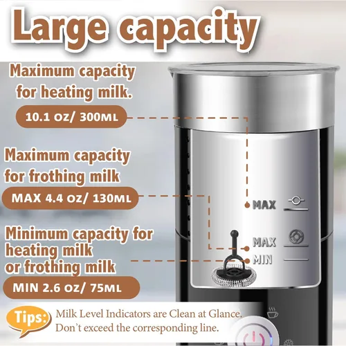 Vista 3 de Huogary Espumador de leche eléctrico y vaporizador – Vaporizador de leche automático 4 en 1, 10.1 fl oz/10.1 oz, máquina de espuma caliente y fría