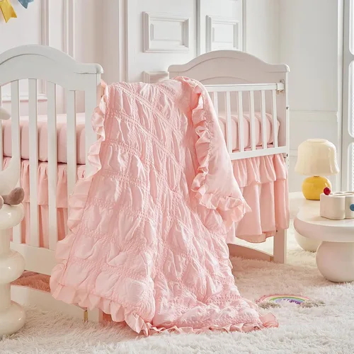 Vista 11 de Juego de ropa de cama para cuna con volantes, edredón acolchado boho para bebé con sábana ajustable y falda de cama - Ropa de cama con volantes