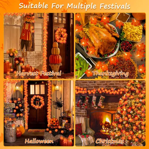 Vista 6 de Paquete de 2 decoraciones de otoño para el hogar, luces de otoño que funcionan con pilas, total de 20 pies, 40 luces LED de hoja de arce con cadena