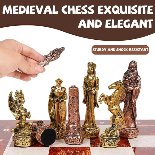Vista 3 de Juego de ajedrez vintage de metal para adultos y niños, tablero de madera de 15 pulgadas con piezas de metal, juego de ajedrez de viaje, juego