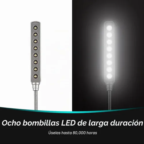 Vista 2 de Luz LED USB Daffodil ULT05 – 8 lámpara LED de lectura super luminosa – No Necesita baterías – Compatible con PC & Mac (Negro)