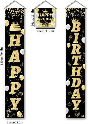 Vista 2 de SUPERDANT Cartel de feliz cumpleaños para porche, color negro y dorado, letrero colgante de cumpleaños, letrero de feliz cumpleaños, letrero