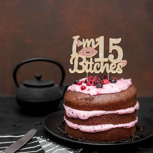 Vista 6 de ¡Soy el topper de pastel de cumpleaños número 15 divertido en oro y rosa con strass - ¡Feliz cumpleaños número 15, saludos a los quince años!