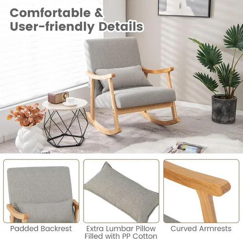 Vista 7 de Giantex Mecedora tapizada – Moderna mecedora con marco de madera de goma, cómodo respaldo y asiento, almohada acolchada de polipropileno, mecedora