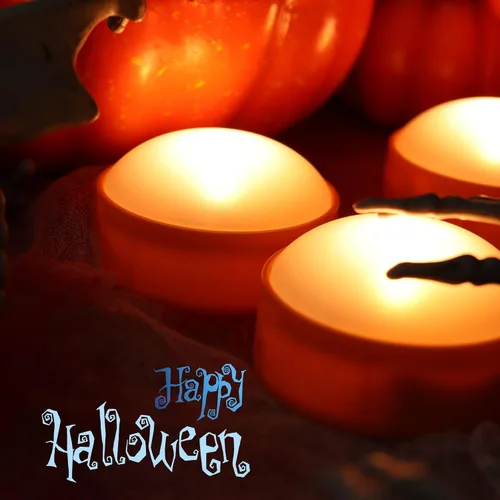 Vista 2 de Magiq Paquete de 6 luces LED de calabaza de Halloween con control remoto y temporizador, color naranja, parpadeante, funciona con pilas, velas