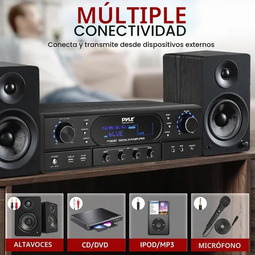 Vista 3 de Pyle Amplificador receptor de cine en casa Bluetooth – Amplificador de potencia máxima de 180 W con agudos, graves, control de eco, MP3/USB/FM