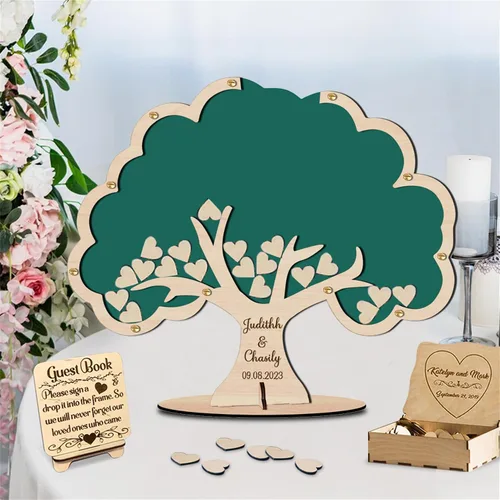 Vista 13 de Libro alternativo de corazón personalizado para libro de invitados con 30 a 100 corazones de madera, caja de madera personalizada para decoración