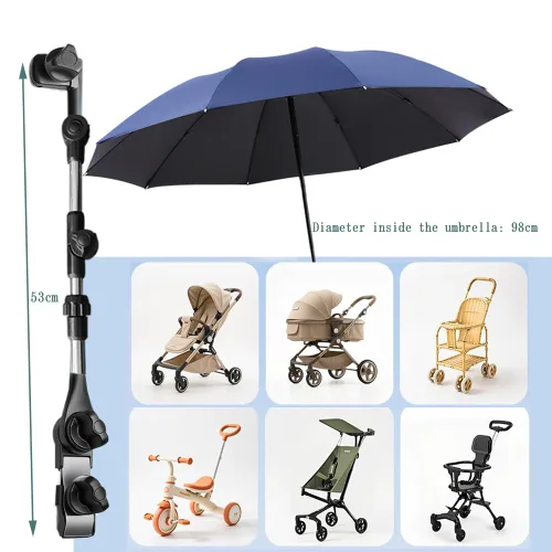 Vista 2 de Sombrilla para cochecito de bebé, montaje ajustable de 360°, impermeable, sombrilla para cochecito para todo tipo de cochecitos (azul)