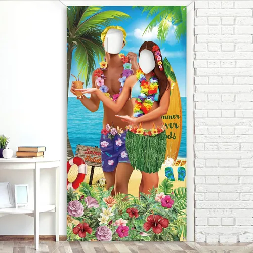 Vista 3 de Blulu Pancarta hawaiana de verano de 6 x 3 pies para fotos tropicales de Luau Tiki para parejas, decoración de fiesta hawaiana, decoración de fiesta