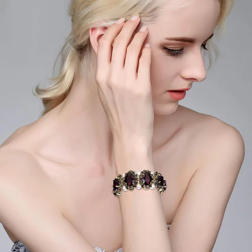 Vista 4 de BriLove Pulsera elástica ovalada inspirada en camafeo con perlas de imitación de cristal de estilo victoriano