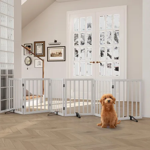 Vista 34 de Semiocthome Puertas de bambú para perros para interiores, puertas independientes de 2 paneles para cachorros para la casa con 2 soportes de metal