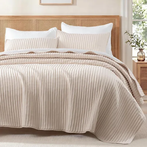 Vista 2 de Exclusivo Mezcla Juego de ropa de cama de edredón acolchado a rayas beige