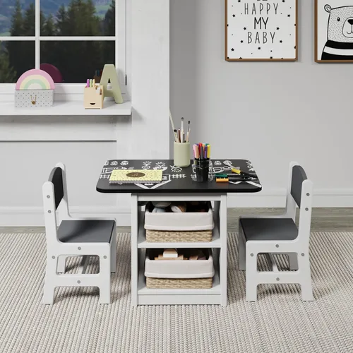 Vista 3 de Donco Kids Art & Play - Juego de mesa de pizarra blanca y negra con dos sillas