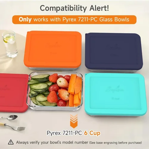 Vista 2 de Sophico Tapa de almacenamiento rectangular de silicona para 6 tazas de repuesto para cuencos de vidrio Pyrex 7211-PC, recipiente no incluido (MIX)