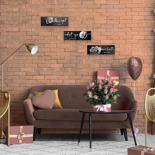 Vista 6 de ZINYAZHE 3 Piezas de Decoración de Pared en Blanco y Negro, Arte de Pared Inspirador de Flores de Madera, Rosas Blancas para Baño, con Frases Rosa