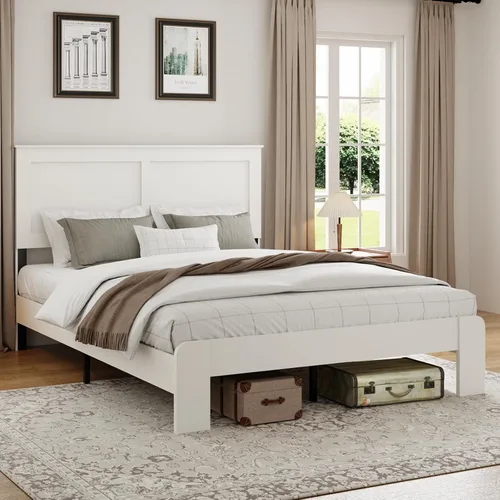 Vista 8 de Base de cama completa de madera con cabecera, base de cama de plataforma rústica de granja con soporte de 12 listones de madera, no necesita somier