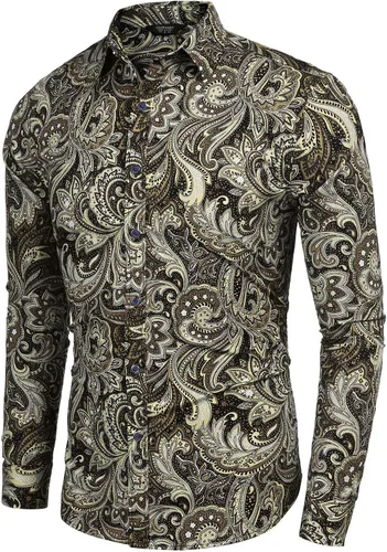 Vista 2 de Coofandy Camisa de manga larga de algodón con estampado floral, informal, retro, con botones