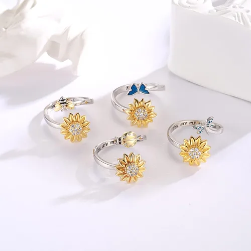 Vista 5 de oGoodsunj Anillo antiansiedad de plata esterlina 925 para mujer girasol abeja mariquita mariposa giratorio anillos tranquilos regalos de joyería