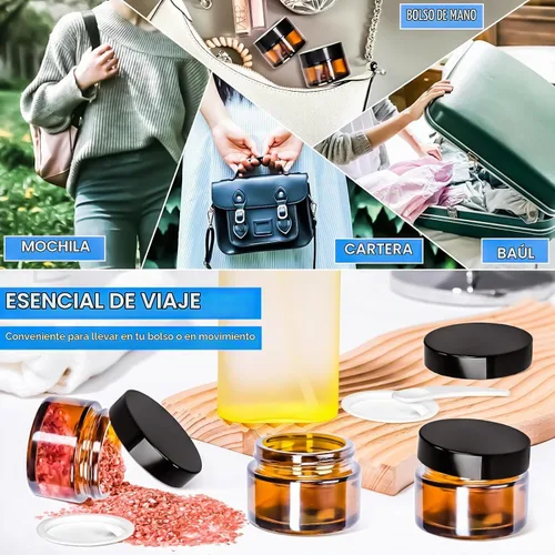 Vista 6 de 6 Pack de tarros de vidrio ámbar de 1 oz con tapas, tarros pequeños de vidrio de 1 onza con tapas y forros interiores, tarros redondos transparentes