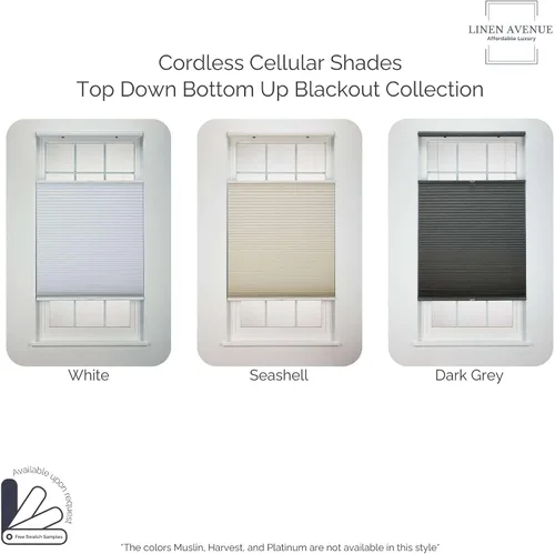 Vista 6 de Linen Avenue Persiana opaca celular inalámbrica de arriba hacia arriba de abajo 18 1/2 pulgadas de ancho x 48 pulgadas de alto, color blanco