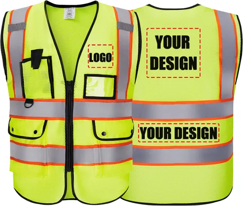 Vista 6 de Chaleco Reflectante Clase 2 de Seguridad ANSI con Bolsillos y Cremallera de Alta Visibilidad Uniforme de Construcción K-verde-1pack-custom