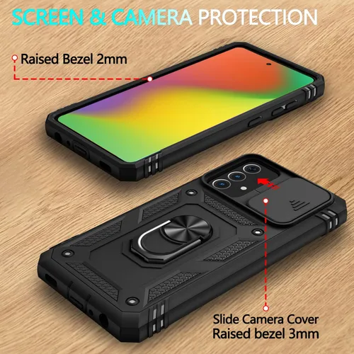 Vista 7 de Funda para Galaxy A52 4G, para Galaxy A52 5G con 3 protectores de pantalla de vidrio templado con soporte de anillo integrado + cubierta de cámara