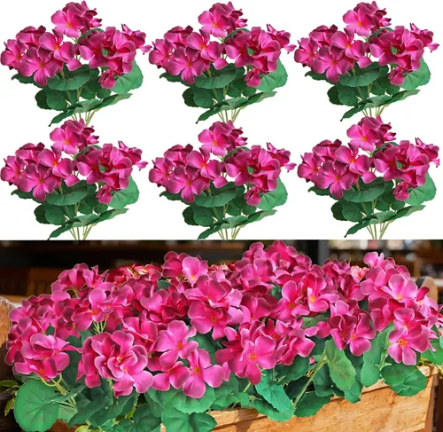 Vista 6 de Htmeing Arbusto de geranio artificial, 6 unidades, plantas artificiales decorativas de seda para exteriores o interiores (rojo)