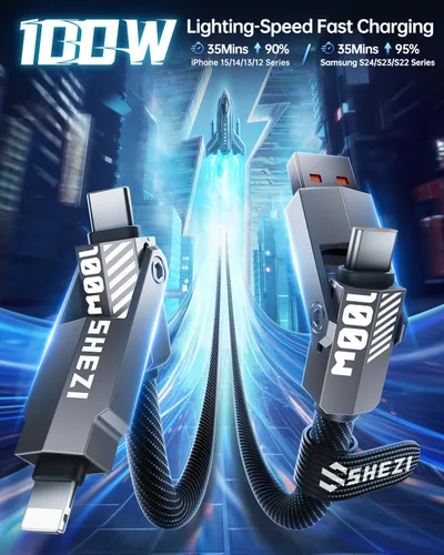 Vista 3 de SHEZI Cable USB C 4 en 1 trenzado de nailon de 100 W, 3 pies, compatible con cable Lightning, cable de carga rápida para iPhone/iPad