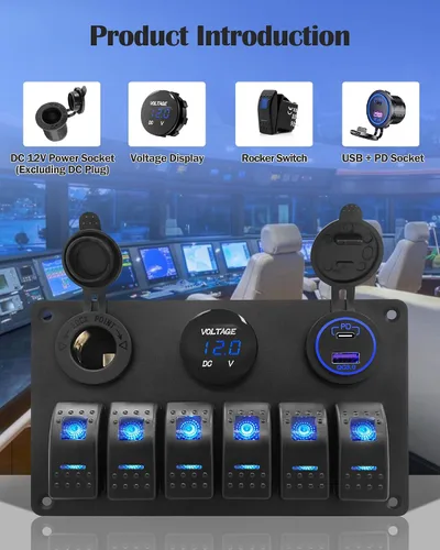 Vista 6 de THALASSA Interruptor basculante de barco marino, panel de aluminio impermeable con interruptores LED azules de 6 posiciones, salida USB dual de 3.1