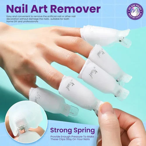 Vista 3 de Kit de herramientas para quitar esmalte de uñas de gel con clips de uñas de plástico, botella removedor de esmalte de uñas de 3.4 fl oz, toallitas
