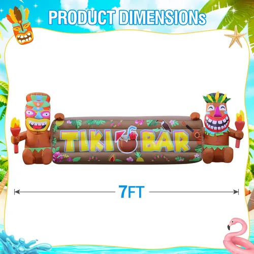 Vista 4 de DomKom Inflables Tiki Luau de 7 pies, dos inflables Tiki, hawaiano de verano tropical, decoración de fiesta, decoración de patio gigante, luces LED