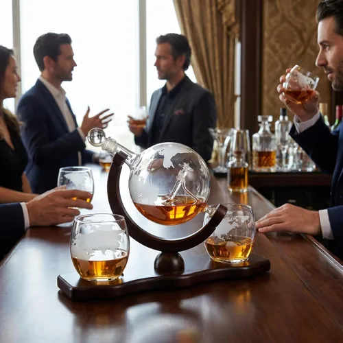 Vista 6 de Decantador del mundo grabado con globo de whisky, juego de regalo de whisky The Wine Savant con avión antiguo, piedras de whisky y 2 vasos de mapa