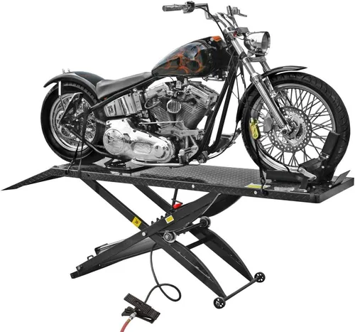 Vista 2 de Mesa de elevación de motocicletas para operar en el aire, con amarre de rueda con cuña y panel desplegable.