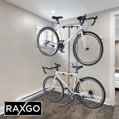 Vista 7 de RaxGo Estante de almacenamiento de garaje para bicicletas, soporte de piso de garaje para 2 bicicletas, independiente, ganchos ajustables