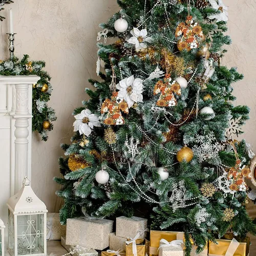 Vista 6 de Adornos de Navidad de madera con flores florales retro de los años 70 con cordeles, decoraciones colgantes con formas de ángel, adornos de rebanadas