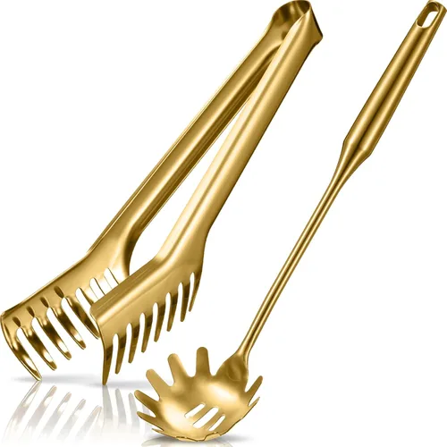 Vista 8 de Patelai Juego de cuchara de espagueti y pinzas para pasta, herramientas de servicio de fideos de mango largo con orificios de drenaje, agarre Negro