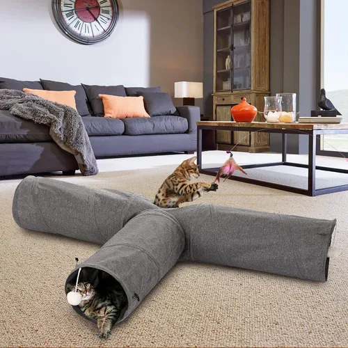 Vista 7 de Ownpets Túnel para gatos, túnel plegable de 3 vías, tubo para gatos de 47 pulgadas de largo con bola de felpa y juguete de plumas, túnel de juego