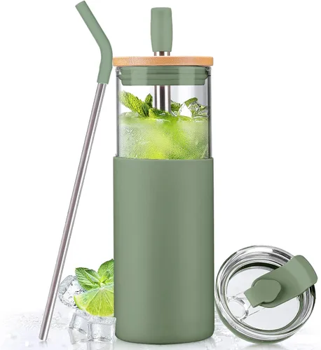 Vista 10 de Kodrine Vaso para agua de vidrio de 20 onzas con popote y tapa, botella de agua con tapas de bambú, taza para café helado, reutilizable, boca ancha