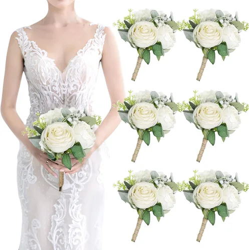 Vista 8 de Ramo de dama de honor artificial para boda, ramo de flores de seda prefabricadas de 7 pulgadas, ramo de flores pequeñas para dama de honor