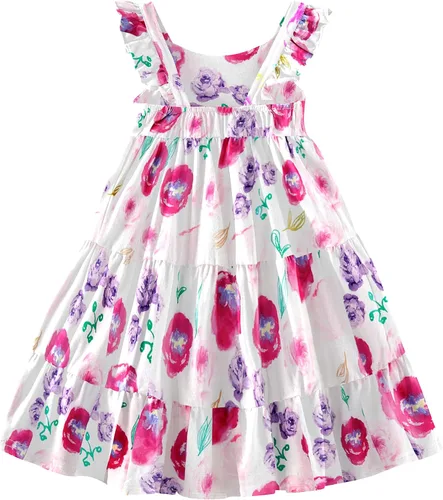 Vista 2 de Vestido de verano sin mangas para niñas pequeñas, vestido casual floral para playa, vestido de princesa escalonado con mangas con volantes, 2-8T
