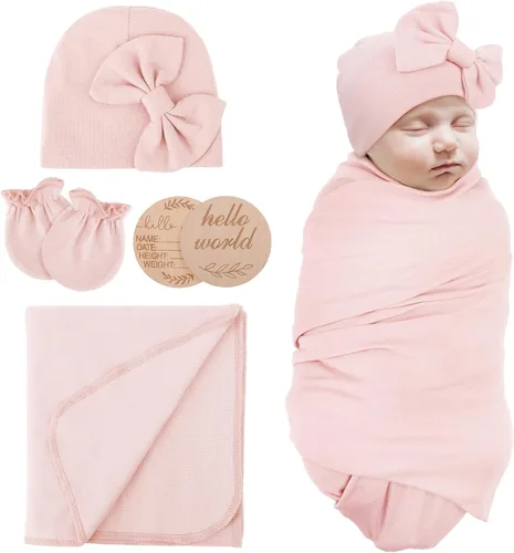 Vista 12 de AQOKKA Manta de Recepción para Recién Nacido con Gorro de Lazo Mitones Juego de Tarjetas de Madera para Recién Nacidos Niños Pequeños Bebé Niño Niña