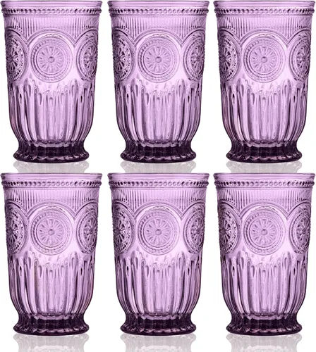 Vista 19 de Juego de vasos de beber ámbar Yungala, conjunto de 6 vasos de vidrio ámbar, vasos pequeños de agua de 8 oz, vasos de hobnail aptos
