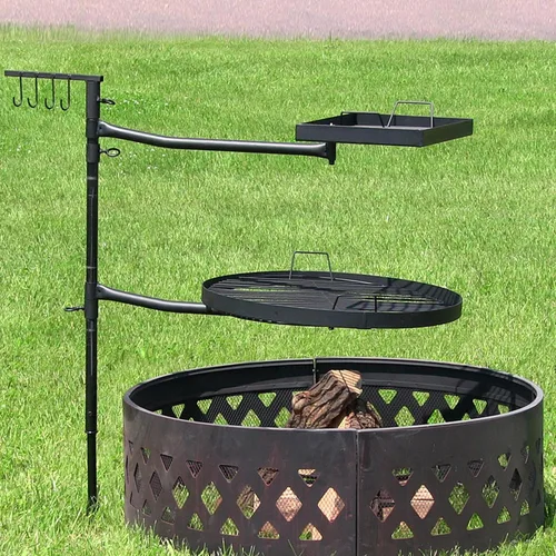 Vista 7 de Sistema doble de parrilla giratoria para exterior de Sunnydaze. Includes 2 Grates & 1 Stake, Easy Assembly, Steel Portable Camp Fire Cooking