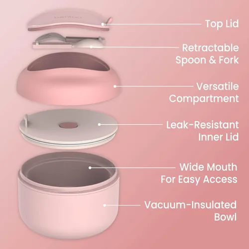 Vista 8 de Bentgo Tazón - Tazón Aislado Resistente a Fugas con Compartimento para Aperitivos, Utensilios Plegables y Diseño Mejorado de Agarre Fácil