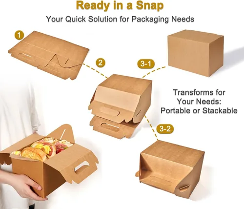 Vista 6 de Happyhiram Paquete de 10 Cajas Grandes a Dos Aguas, Color Marrón - Contenedores de Papel Kraft Resistentes de 9x6x6 Pulgadas para Regalos, Almuerzos