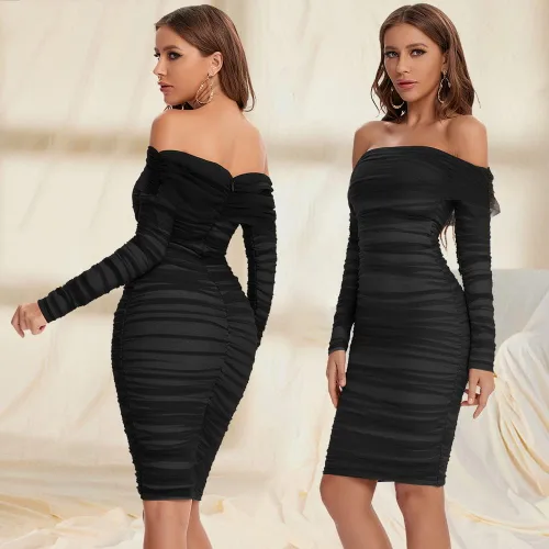 Vista 2 de Vestido de vendaje de manga larga fruncido de malla para mujer