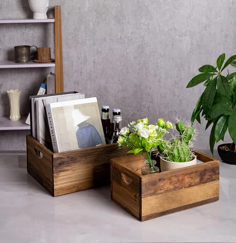 Vista 7 de TIMRIS Juego de 3 cajas de madera rústica envejecida anidables, cajas de almacenamiento de madera decorativas de estilo granja, cestas de madera