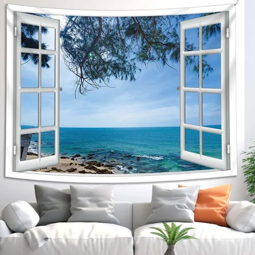 Vista 2 de Tapiz azul para ventana de playa y océano para colgar en la pared, árbol costero, paisajes naturales, arte lindo y pequeño tapiz estético
