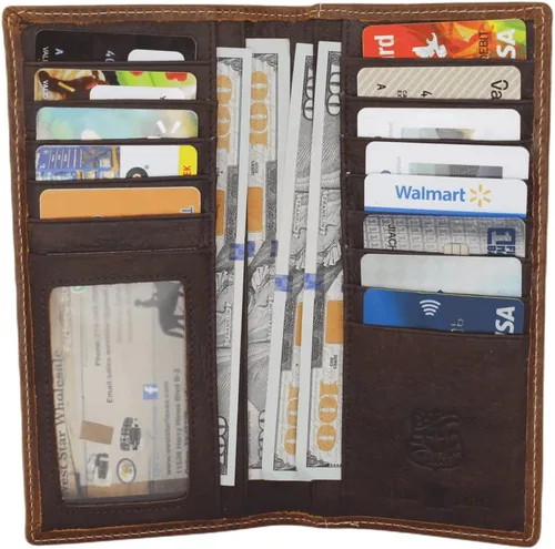 Vista 6 de West Star - Billetera para hombre, estilo de chequera, larga, plegable, con o sin pelo de vaca, Café profundo Longhorn 202A, Billetera de cuero